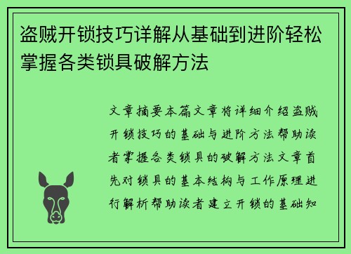 盗贼开锁技巧详解从基础到进阶轻松掌握各类锁具破解方法