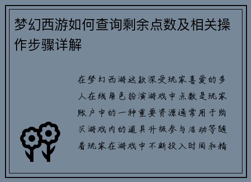 梦幻西游如何查询剩余点数及相关操作步骤详解